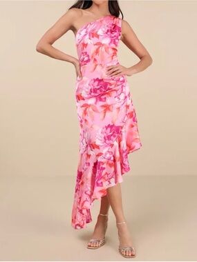 NWT LULUS Women’s Divinely Blooming Pink Multi Floral One-Shoulder Dress Size M